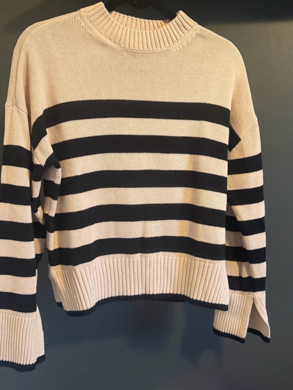 Evereve Cream and Black Striped Crewneck Sweater